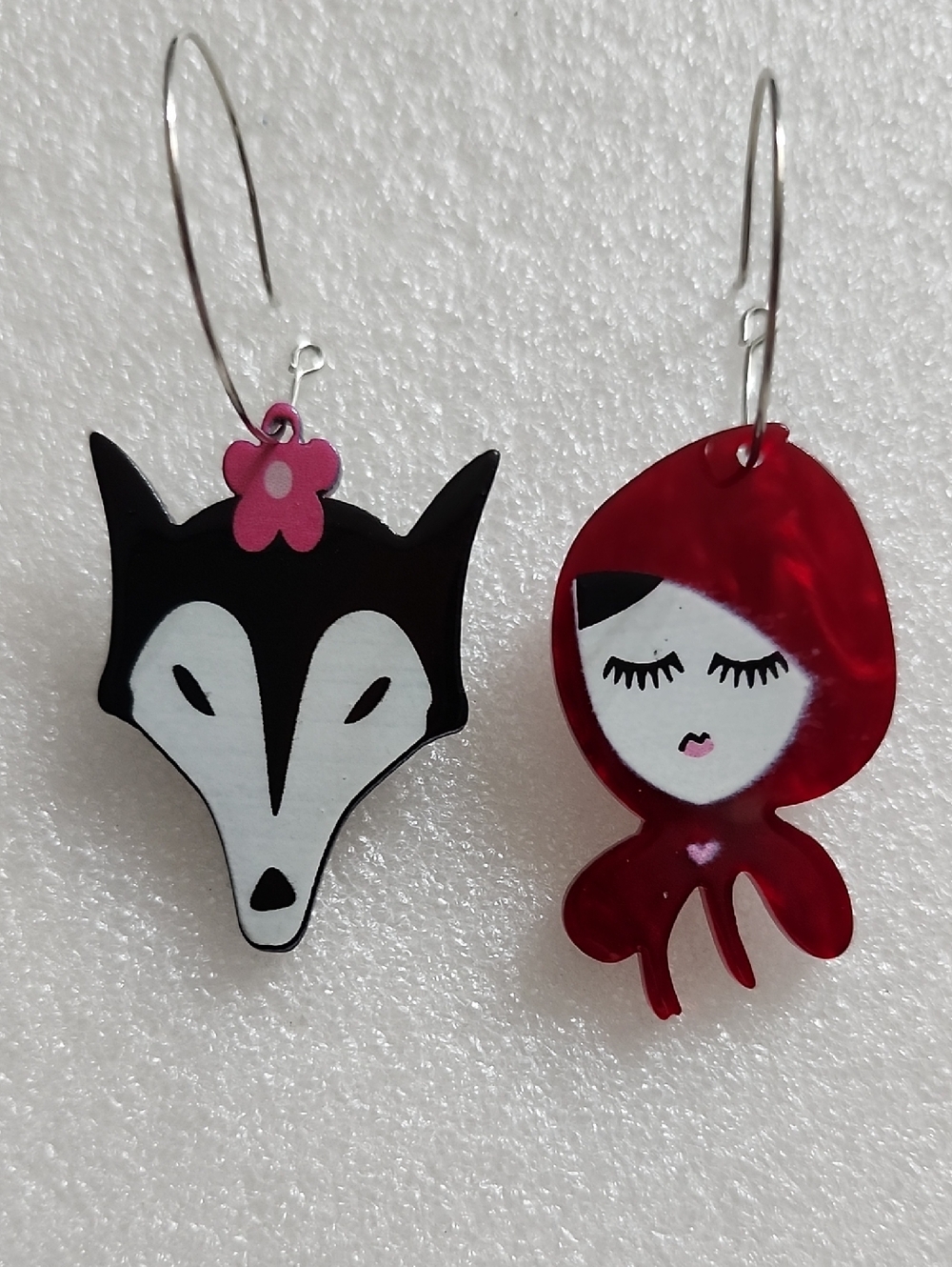 Hand Crafted Black & White Wolf and Red Hood Dangle Earrings